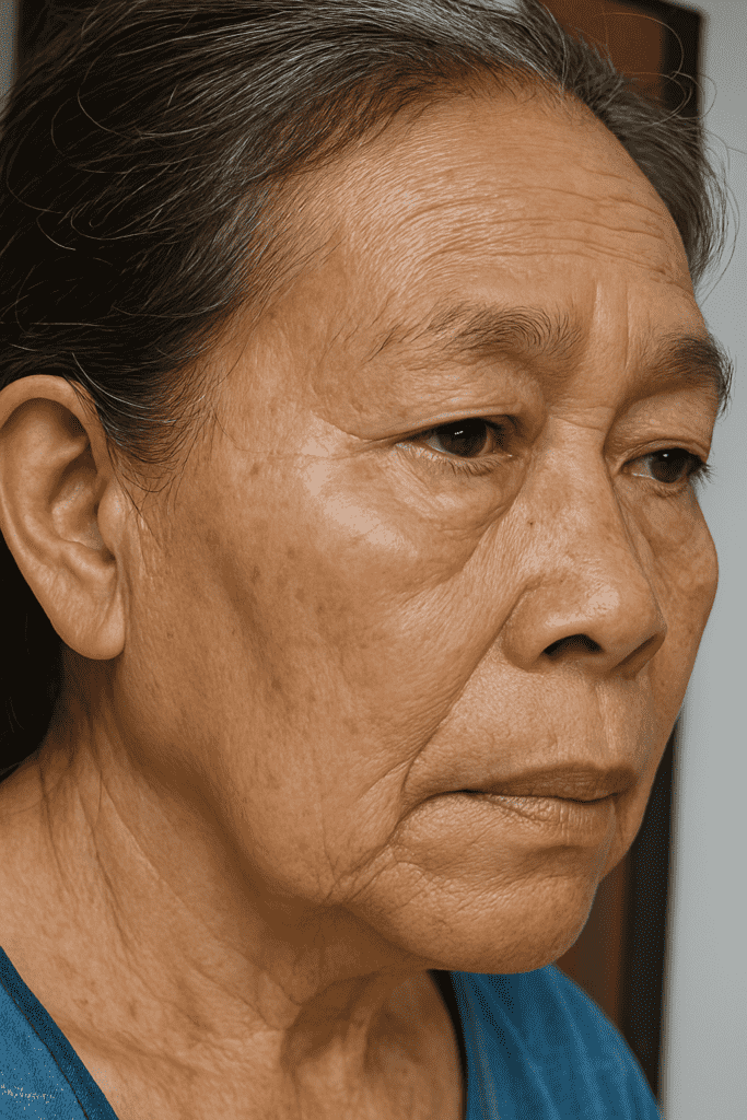 Elderly woman with thoughtful expression.